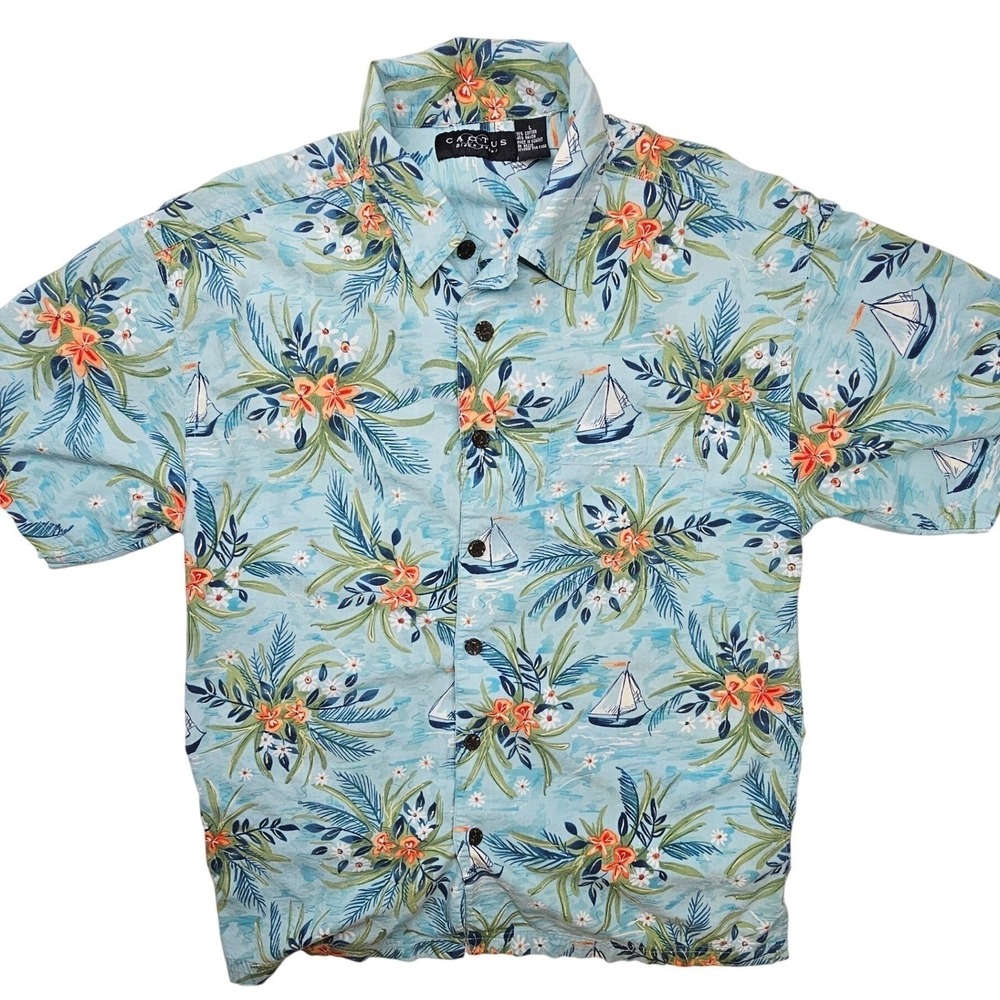 Cactus Black Label Mens Large Blue Tropical Sailboat Cotton Rayon Hawaiian Shirt